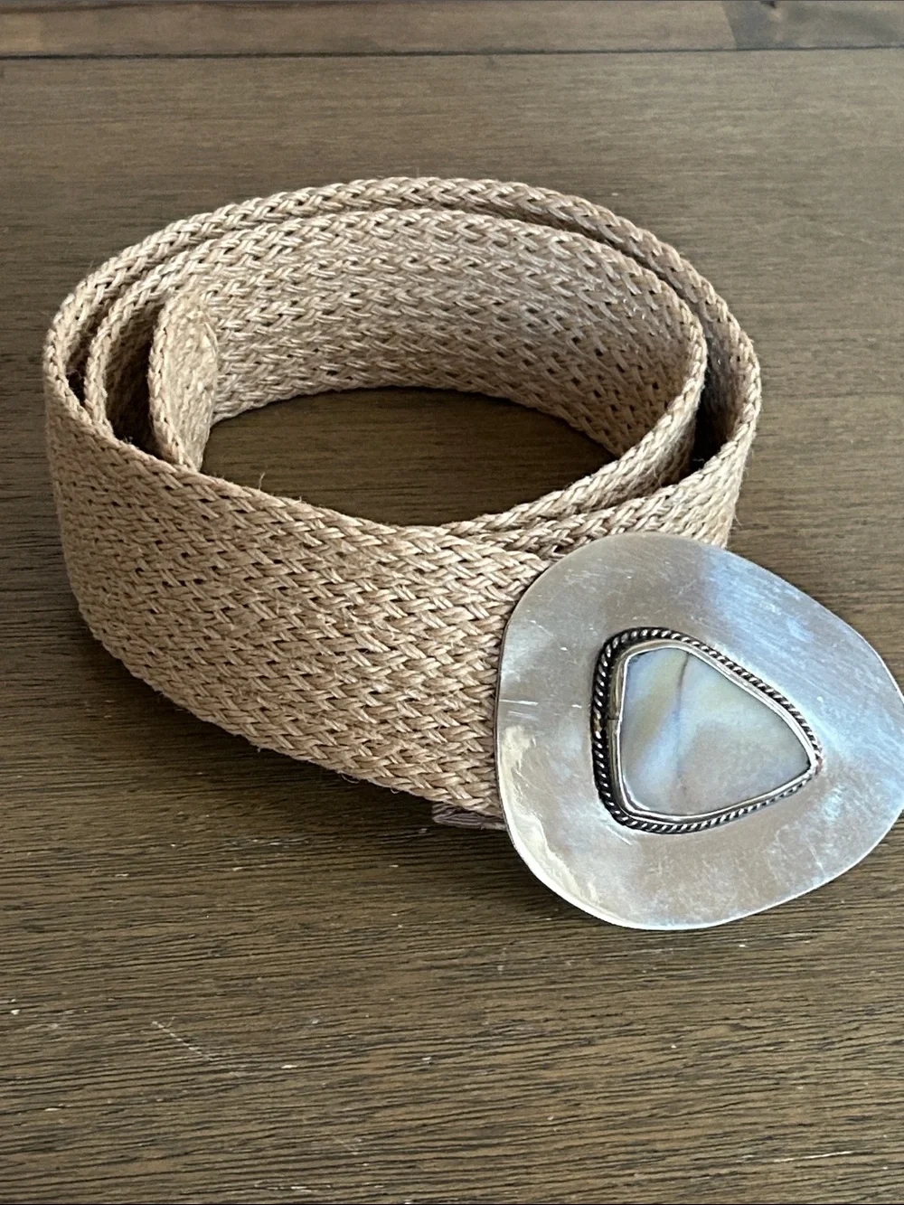 Vintage Y2K Jute Woven Belt Silver Statement Buckle W/ Mother Of Pearl Inlay.
